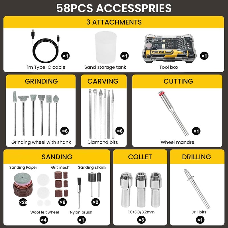 Serplex طقم قلم النقش الكهربائي ® مع 58 قطعة ملحقات، آلة حفر لاسلكية 7.2 فولت، 5 سرعات متغيرة 8000-28000 دورة في الدقيقة، قلم نقش LED قابل لإعادة الشحن بسعة 1100 مللي أمبير للخشب، الحجر، المعدن، والمجوهرات - Image 2