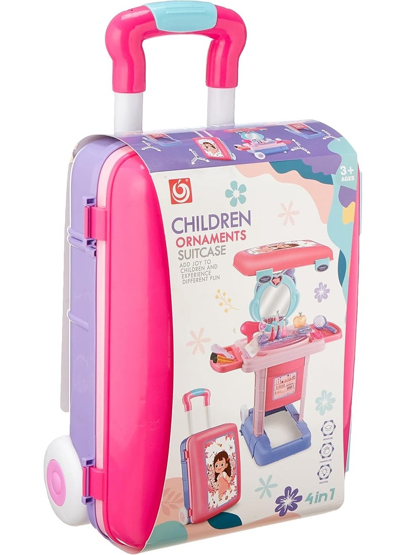 3 In 1 Ornaments Suitcase Makeup Table for Toddler Girls Vanity & Suitcase Set with Fashion Accessories Pretend Play Travel Suitcase Fashion Beauty Set for Girls  - Image 1