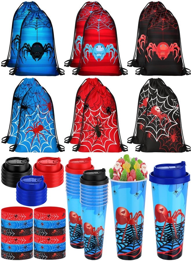 Potchen 48 Pcs Spider Party Favors Spiderweb Birthday Party Supplies Hero Decorations for Guests Including Drawstring Gift Bags Cups and Wristbands for Christmas Birthday Gift Favors - Image 1