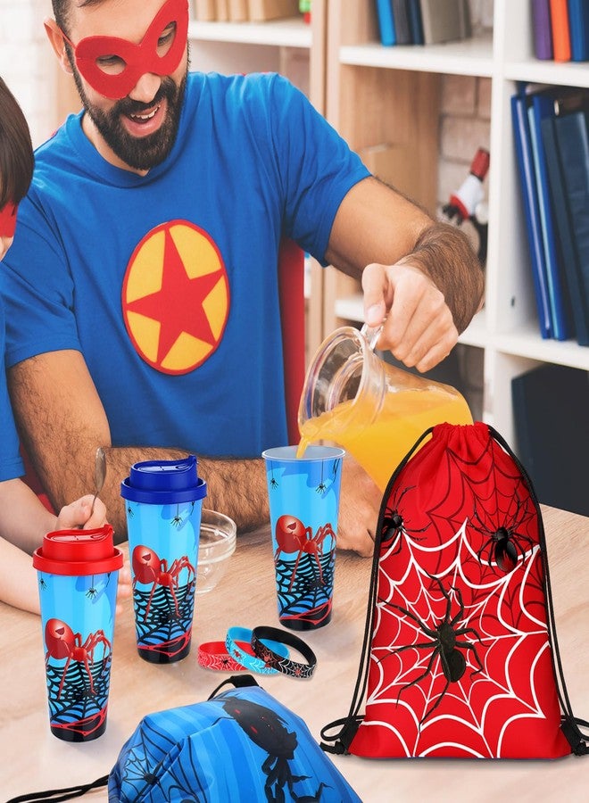Potchen 48 Pcs Spider Party Favors Spiderweb Birthday Party Supplies Hero Decorations for Guests Including Drawstring Gift Bags Cups and Wristbands for Christmas Birthday Gift Favors - Image 2