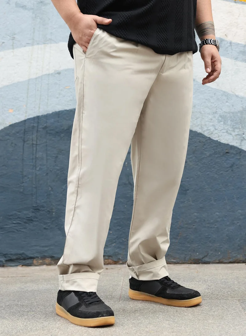 Instafab Plus  Instafab Plus Men Solid Pleated Tailored Trousers | Mid-Rise , Side-Elasticated Stretch | Button Closure , Straight Hem | Solid Plain | Woven Fabric For Casual & Office Wear | Cream White for Men | Best Price UAE