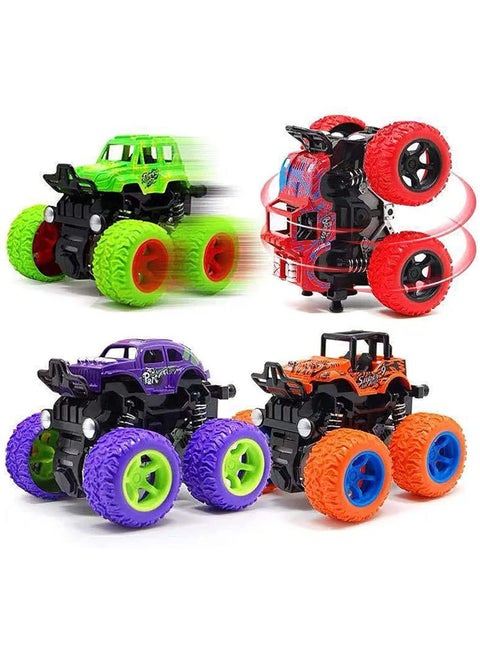 【4-Pack】Kids Pull-Back Inertia Stunt Off-Road Vehicle Set | 4WD Independent Suspension Toy Cars | Built-In Shock Absorber For Smooth Ride | Grooved Tires With Strong Grip | 360° Free Rotation Stunts | Anti-Crash Protection Frame | No Battery Required | Perfect Gift For Boys | Suitable For 3-8 Years Old