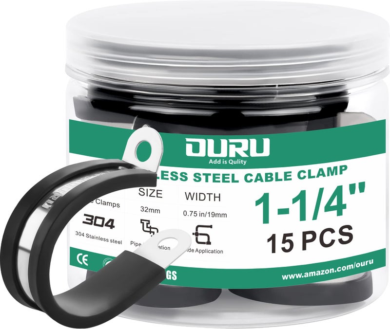 OURU 15pcs 114 Inch Stainless Steel Cable ClampsRubber Coated Cushioned Insulated Cable ClampAutomotive Cable Wire ClampsPipe ClampsMetal Clamp for TubeLinesWire Cord InstallationBlack32mm