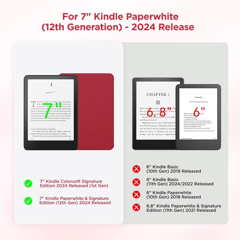 SESENSE Detachable Magnetic Case for 7'' Kindle Paperwhite 12th Gen 2024 and Kindle Colorsoft Signature Edition, Slim PU Shell Cover Case with Auto Wake/Sleep, Red - Image 2