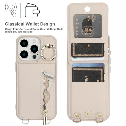 Jcxtrombulous Crossbody Wallet Case for iPhone 15 Pro Max with Lanyard Strap Card Slot Holder RFID Blocking Ring Kickstand,Magnetic Flip Folio Zipper Purse Case, PU Leather Cover Handbag,Beige - Image 5
