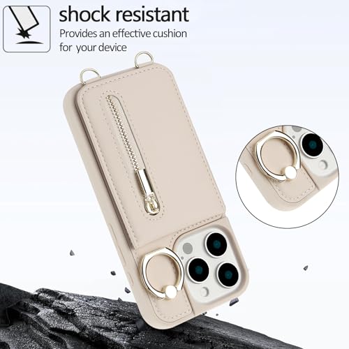 Jcxtrombulous Crossbody Wallet Case for iPhone 15 Pro Max with Lanyard Strap Card Slot Holder RFID Blocking Ring Kickstand,Magnetic Flip Folio Zipper Purse Case, PU Leather Cover Handbag,Beige - Image 4