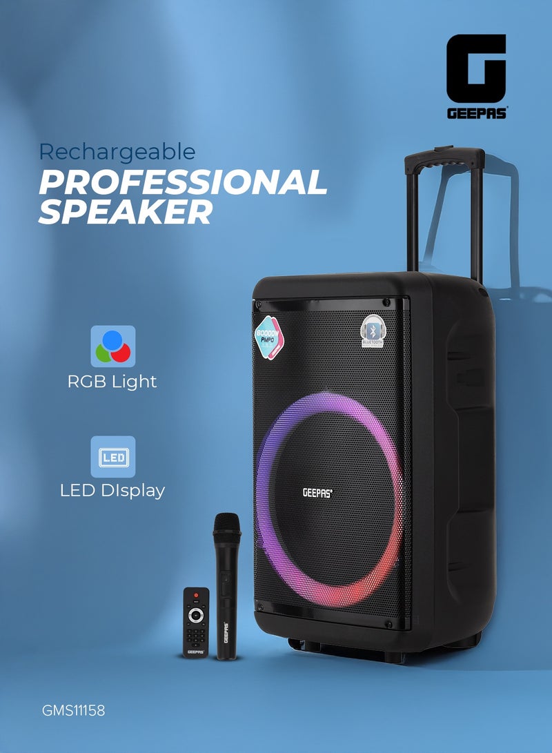 GEEPAS Rechargeable and Professional Trolley Speaker| Bluetooth, TWS Function and FM Radio Includes a Wireless Microphone Remote Control | 60000W PMPO Recording Function, LED Light and LED Display | 2 Years Warranty - Image 1