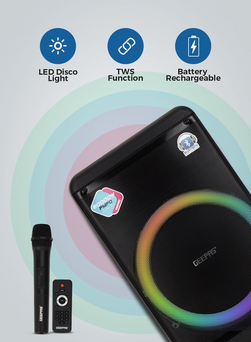 GEEPAS Rechargeable and Professional Trolley Speaker| Bluetooth, TWS Function and FM Radio Includes a Wireless Microphone Remote Control | 60000W PMPO Recording Function, LED Light and LED Display | 2 Years Warranty - Image 4