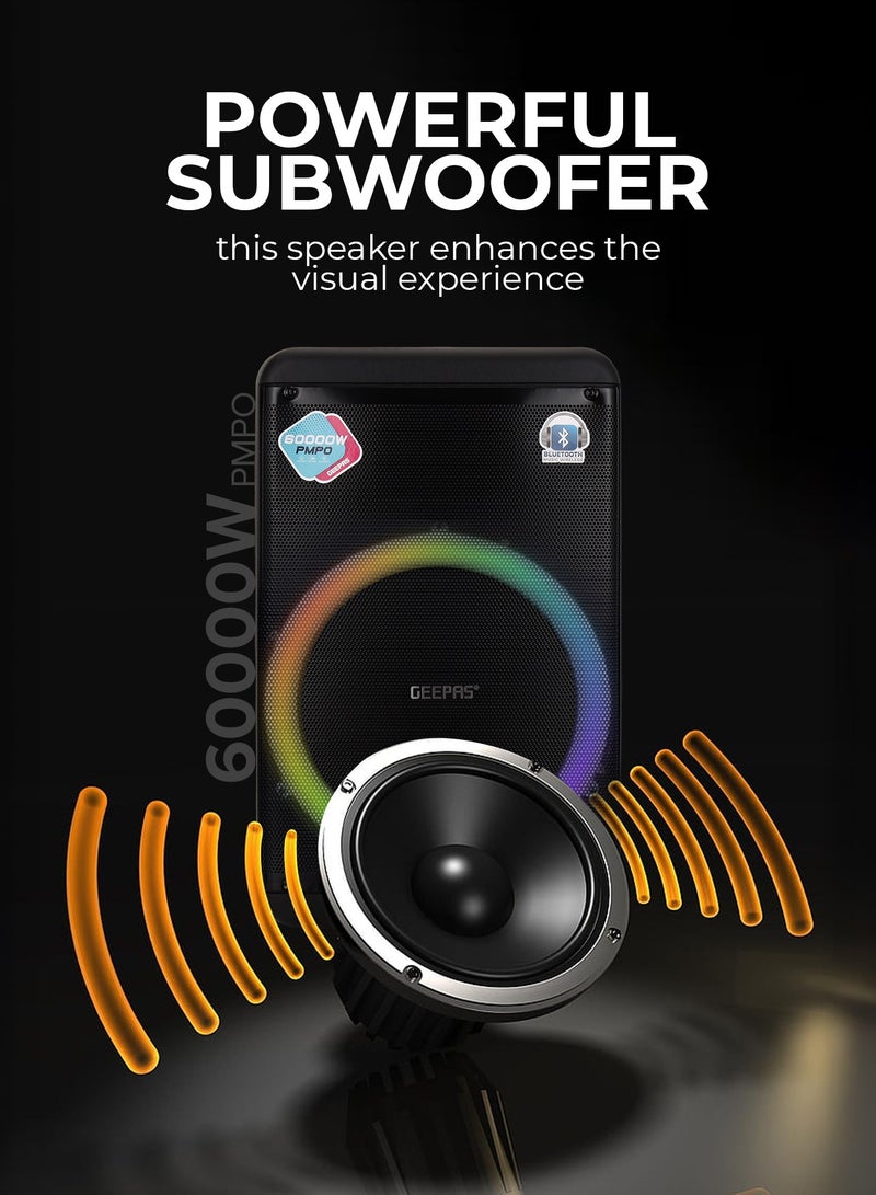 GEEPAS Rechargeable and Professional Trolley Speaker| Bluetooth, TWS Function and FM Radio Includes a Wireless Microphone Remote Control | 60000W PMPO Recording Function, LED Light and LED Display | 2 Years Warranty - Image 5