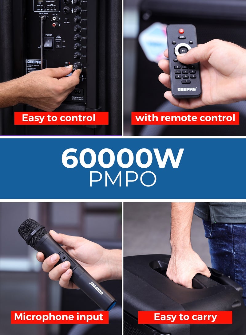 GEEPAS Rechargeable and Professional Trolley Speaker| Bluetooth, TWS Function and FM Radio Includes a Wireless Microphone Remote Control | 60000W PMPO Recording Function, LED Light and LED Display | 2 Years Warranty - Image 3