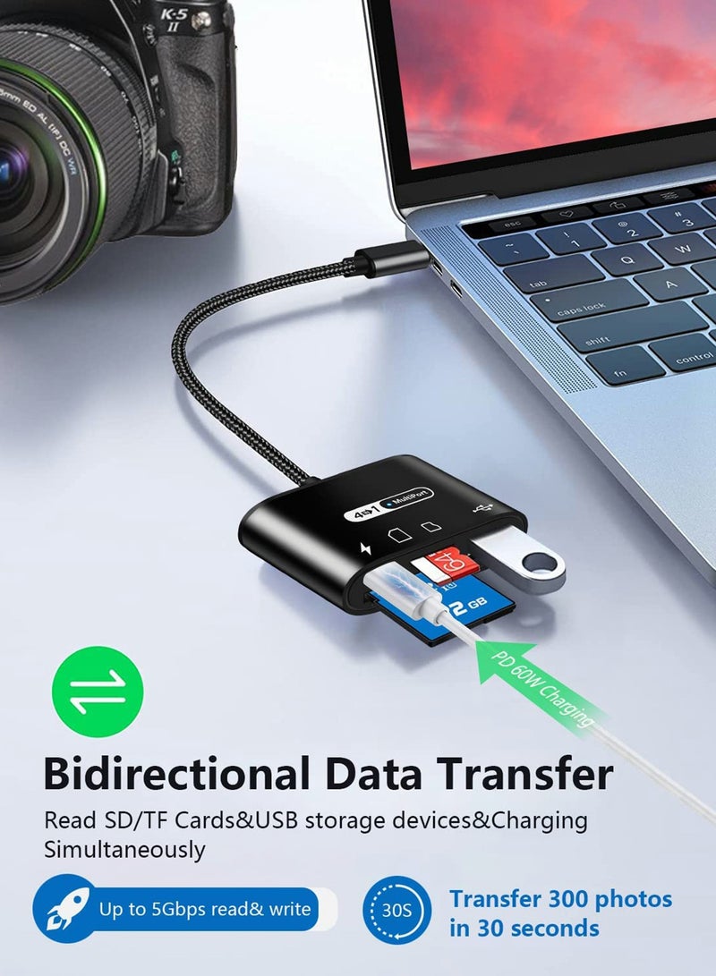 SOLARAE USB C to SD Card Reader, 4 in 1 Type C Micro SD TF Card Reader with USB C Charging Port USB C to USB Camera Memory Card Reader Adapter for MacBook Pro iPad Pro Galaxy S22/S21 and More USB C Devices - Image 2