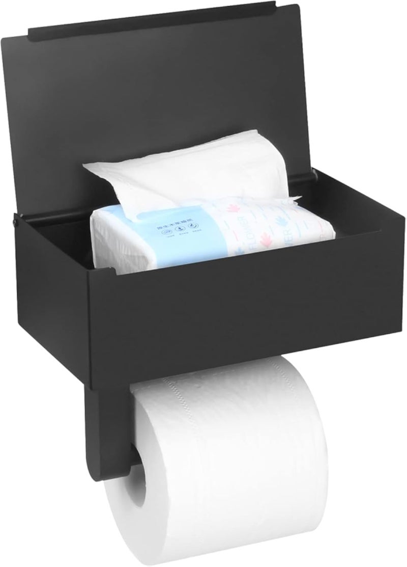 Toilet Paper Holder with Shelf,Wall Mount Wipes Dispenser & Storage for Bathroom,Keep Wet Wipes Hidden,Stainless Steel Bathroom Organizer Black Update Larger