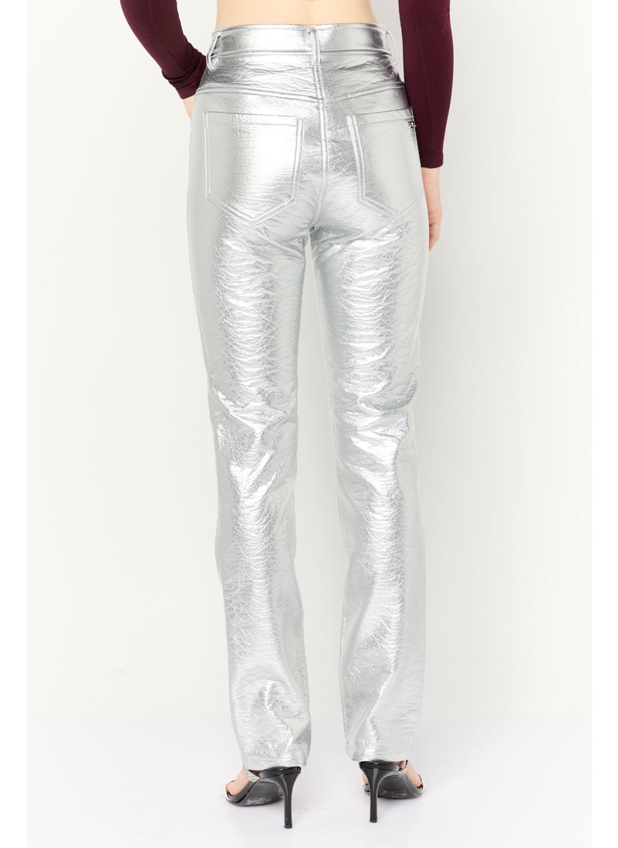 DIESEL - Women Regular Fit Solid Straight Leg Pants, Silver - Image 1