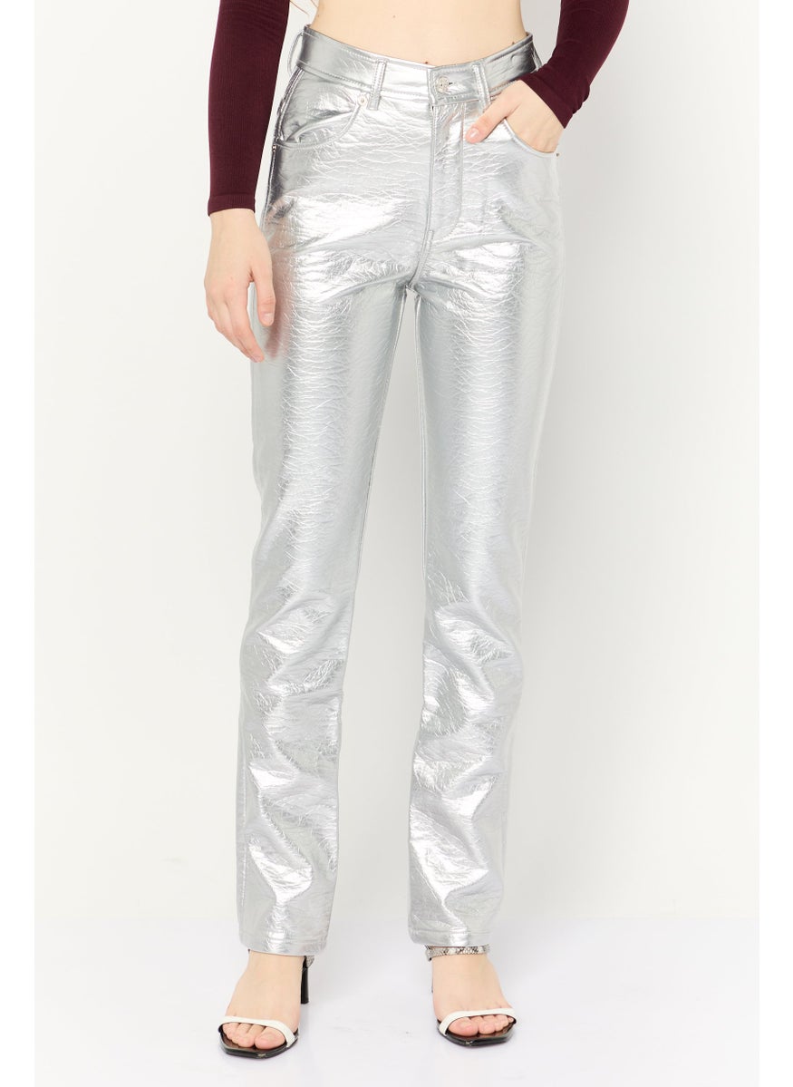 DIESEL - Women Regular Fit Solid Straight Leg Pants, Silver - Image 1