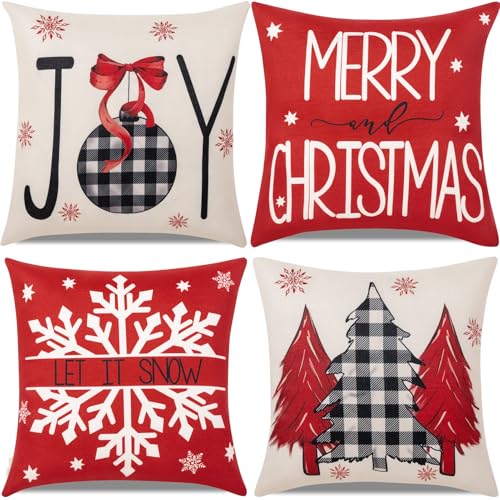 Hongsome Red Christmas DecorationsThrow Pillow Covers 18x18 in Set of 4Decorative Joy Snowflake Pillow Case for Couch Sofa Winter Holiday Indoor Outdoor Home Red White Xams Decorations - Image 1