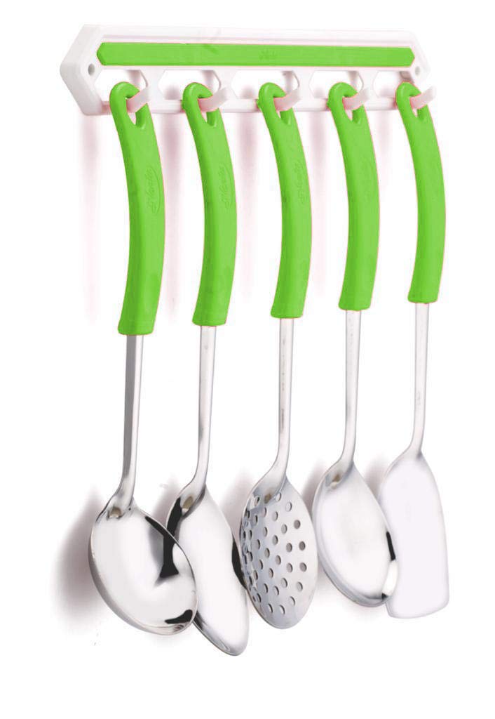 Unique Enterprise Stainless Steel Plastic Handle LadleSkimmer Set with Wall Holder Green - Image 1