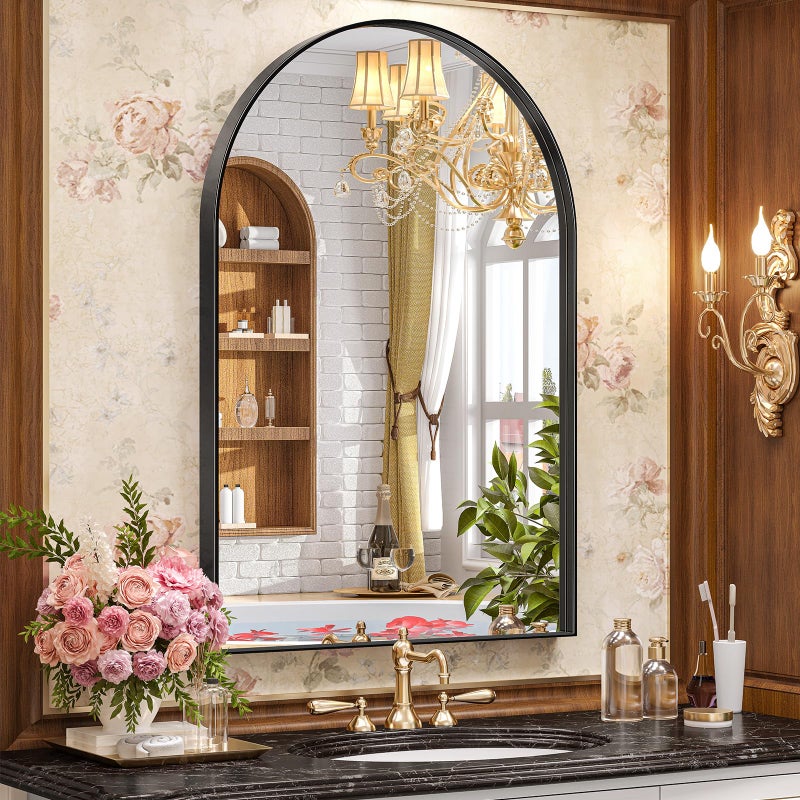 Brightify Arched Mirror 26 x 38 Inch Black Arch Wall Mirror Metal Frame Black Bathroom Mirror Arched Top Bathroom Vanity Mirror for Living Room Bedroom Mantel Entryway