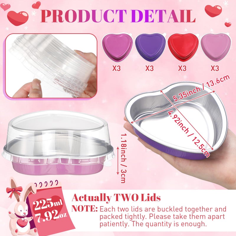 Fainne 12 Sets Mother's Day 5" Aluminum Foil Heart Shaped Cake Pans with Clear Lids 225 ml/ 7.92 oz Heart Cake Pan Mini Mother's Day Containers Disposable Dessert Baking Containers (Pink) - Image 2