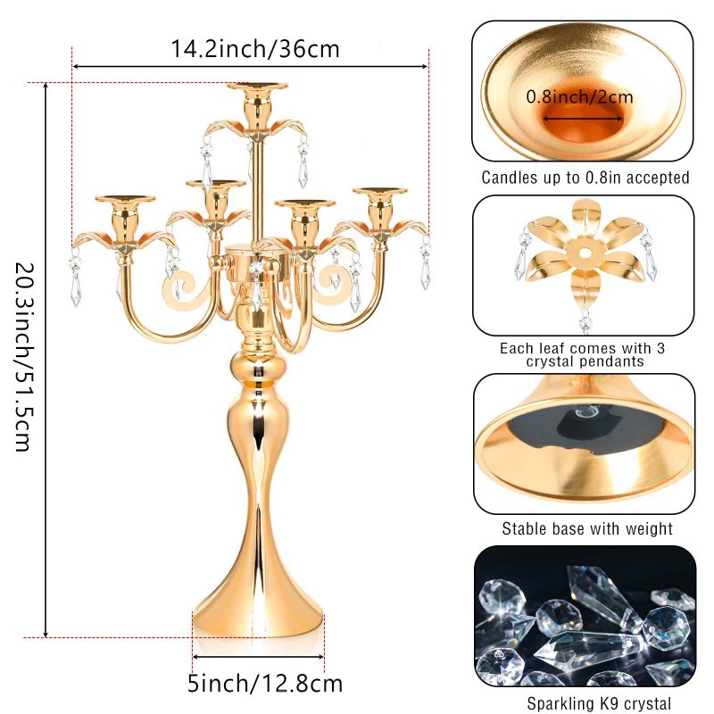 kolnlala 20.3'' Tall 5 Arm Candelabra Centerpiece for Table, Metal Elegant Candle Holder, Retro Candlestick Table Centerpieces for Party, Events, Home, Wedding Decor (4, Gold) - Image 2