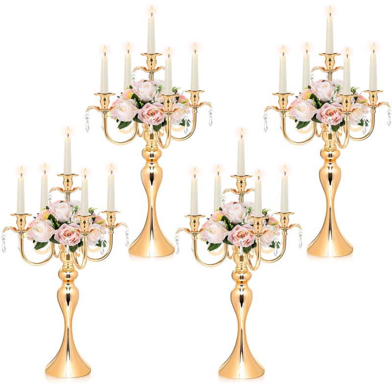 kolnlala 20.3'' Tall 5 Arm Candelabra Centerpiece for Table, Metal Elegant Candle Holder, Retro Candlestick Table Centerpieces for Party, Events, Home, Wedding Decor (4, Gold) - Image 1