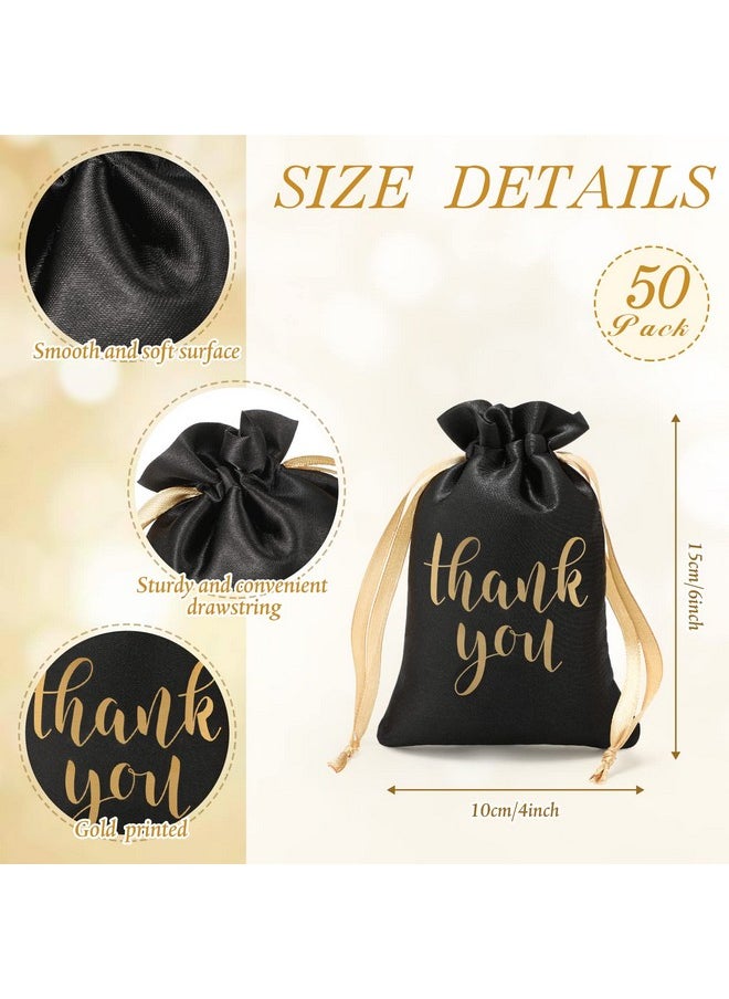 Sieral Sieral 50 Pcs Thank You Satin Gift Bags with Drawstring Jewelry Candy Gifts Bags for Wedding Bridal Shower Gift Wrap Bags for Birthday Party Anniversary Favor(4 x 6 Inch,Black, Gold)  - Image 2