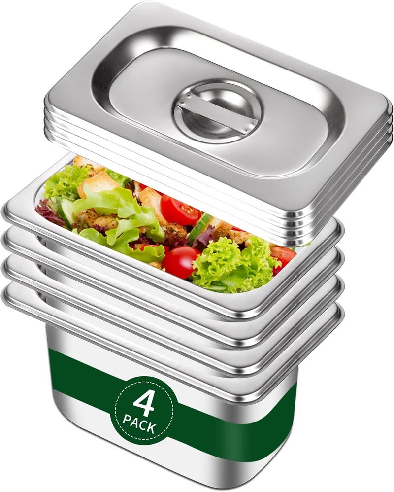 Bakpoco Hotel Pan With Lid 1/9 Size - 4" Deep 4 Packs Stainless Steel Food Pan for Steam Table, Commercial Restaurant, Anti Jam, Buffet - Image 1