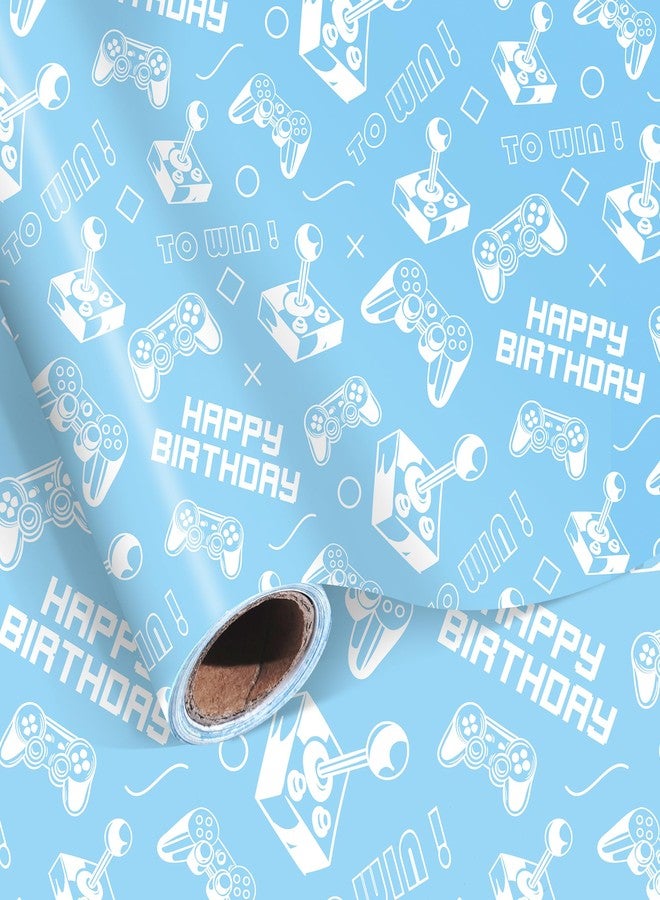 Pineraap Gaming Birthday Wrapping Paper Roll - 17 In x 16.4 Ft - Mini Roll - Blue Video Game Design Gift Wrap Paper for Boys Girls Kids Birthday, Game Party Decor, Game Lover Holiday - Image 1