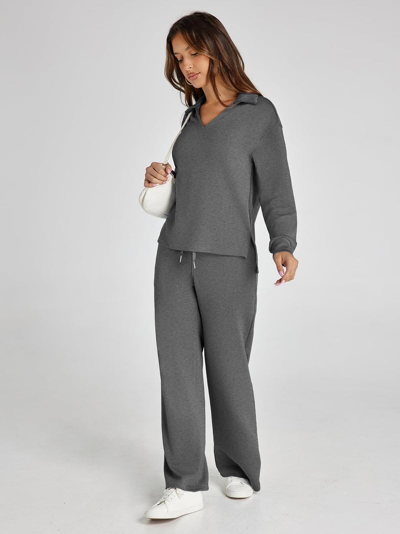 Glamaker Womens Set 2 Piece Outfit Casual Long Sleeve Polo Neck Pants Sets Sweatsuits Wrinkle Resistant Travel Sets Fall Outfits (Dark Grey M) - Image 5