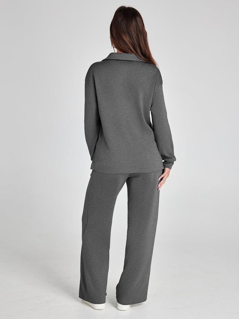 Glamaker Womens Set 2 Piece Outfit Casual Long Sleeve Polo Neck Pants Sets Sweatsuits Wrinkle Resistant Travel Sets Fall Outfits (Dark Grey M) - Image 3