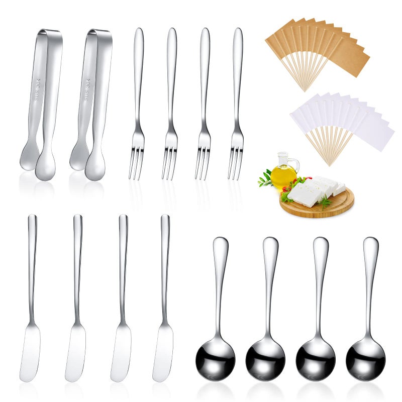 Patelai Cheese Butter Spreader Knives Set Charcuterie Accessories Stainless Steel Spreader Knives Charcuterie Boards Utensils Mini Serving Tongs Spoons and Forks for Appetizers PastrySilver
