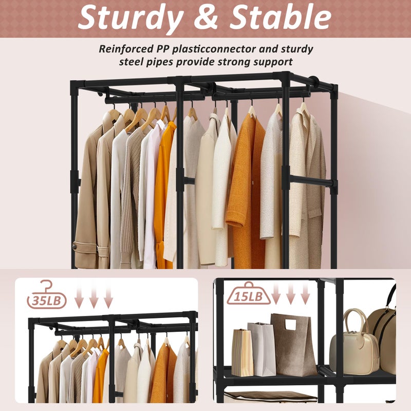 Jofuler Wardrobe Closet, Quick and Easy Assembly, Black Portable Closet with 2 Hanging Rods 4 Storage Shelves and 8 Side Pockets, Sturdy and Stable Clothes Rack with Cover, for Bedroom and Dormitory - Image 4