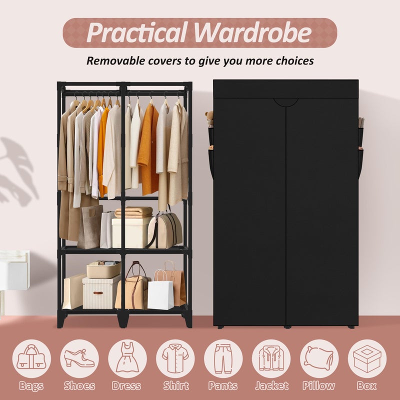 Jofuler Wardrobe Closet, Quick and Easy Assembly, Black Portable Closet with 2 Hanging Rods 4 Storage Shelves and 8 Side Pockets, Sturdy and Stable Clothes Rack with Cover, for Bedroom and Dormitory - Image 5