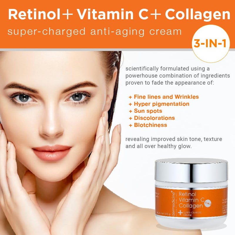 Dermedicine Vitamin C + Retinol + Collagen | Super Charged Anti-Aging Cream for Face | Pharmaceutical Grade Quality | Helps Smooth & Plump Fine Lines & Wrinkles & Brightens for Younger Skin (2 oz) - Image 3