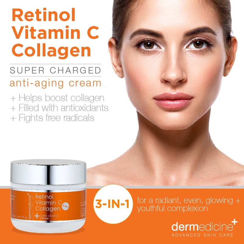 Dermedicine Vitamin C + Retinol + Collagen | Super Charged Anti-Aging Cream for Face | Pharmaceutical Grade Quality | Helps Smooth & Plump Fine Lines & Wrinkles & Brightens for Younger Skin (2 oz) - Image 2