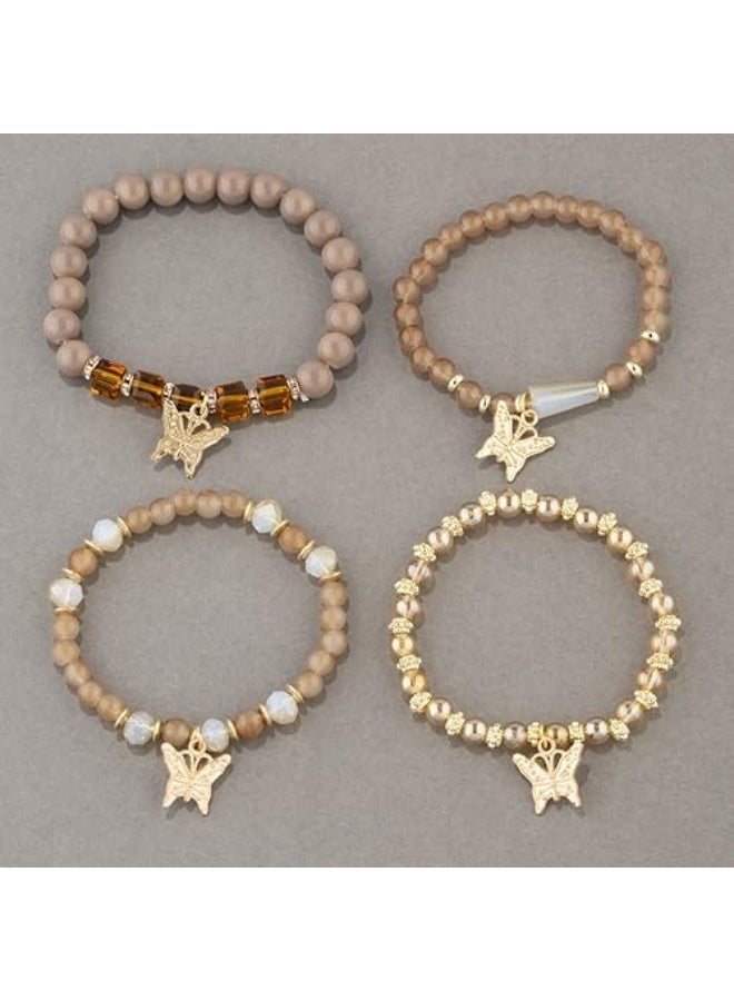 Goolsky 4 قطع سوار بوهيمي جديد مجوهرات نسائية إبداعية سوار فراشة متعدد الطبقات مرن من الخرز - Image 2