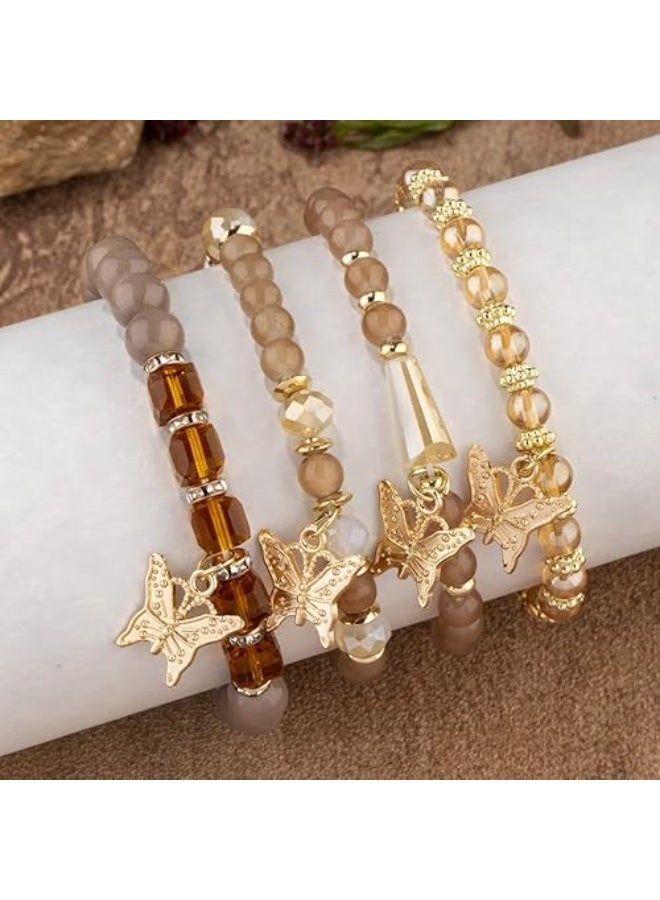 Goolsky 4 قطع سوار بوهيمي جديد مجوهرات نسائية إبداعية سوار فراشة متعدد الطبقات مرن من الخرز - Image 3