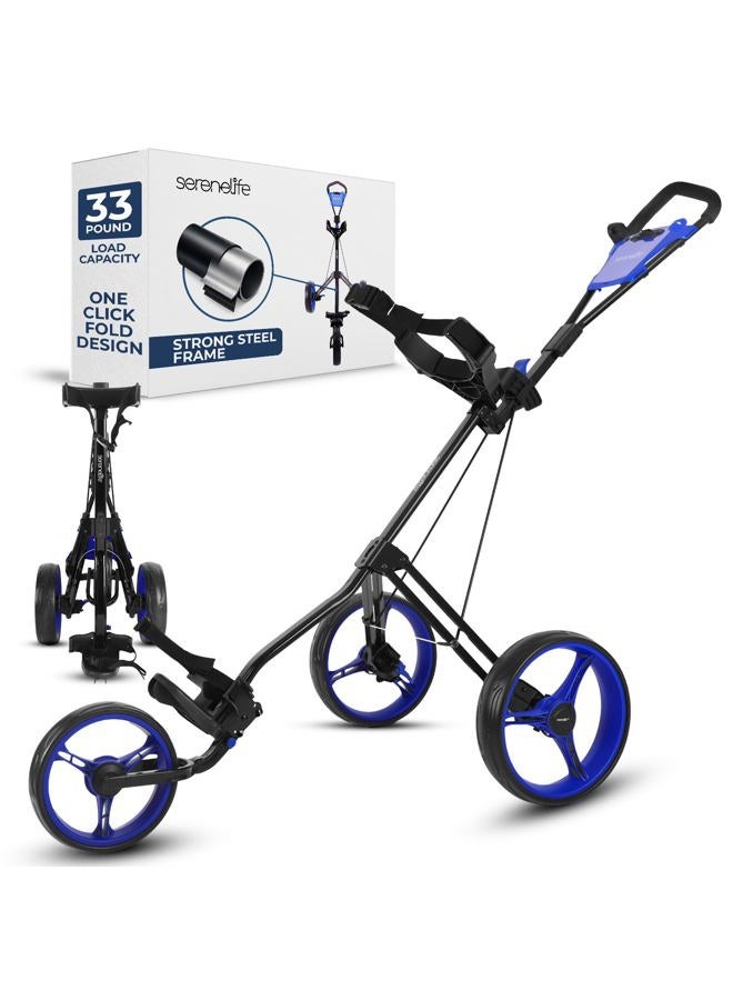 SereneLife Foldable 3-Wheel Golf Push Cart – Steel Frame, Scorecard Holder, Strap Brackets – Compact Golf Cart for Bag – Push Carts for Golf Bags – Golf Push Cart 3 Wheel Golf Accessories - Image 1