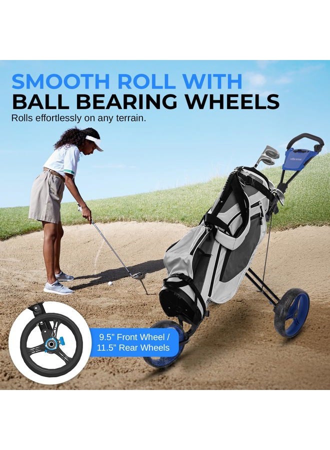 SereneLife Foldable 3-Wheel Golf Push Cart – Steel Frame, Scorecard Holder, Strap Brackets – Compact Golf Cart for Bag – Push Carts for Golf Bags – Golf Push Cart 3 Wheel Golf Accessories - Image 2