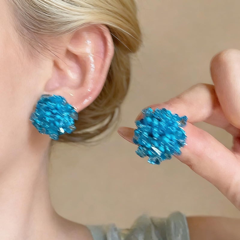 HTH Flower Beaded Stud Earrings Colorful Bright Flower Cluster Hydrangea Beads Earrings Summer Vacation Earrings(Blue) - Image 4