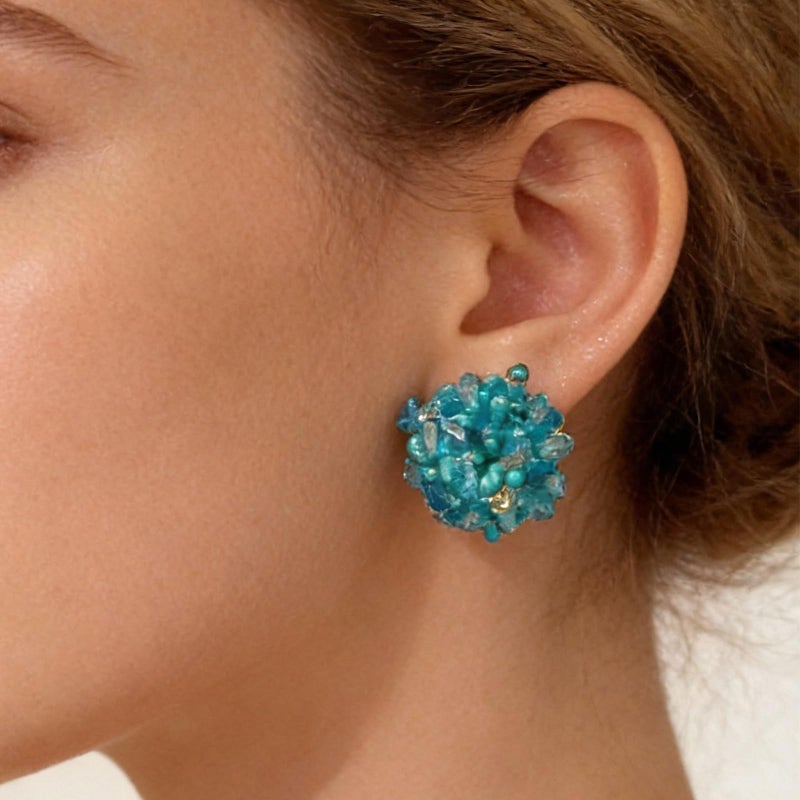 HTH Flower Beaded Stud Earrings Colorful Bright Flower Cluster Hydrangea Beads Earrings Summer Vacation Earrings(Blue) - Image 2