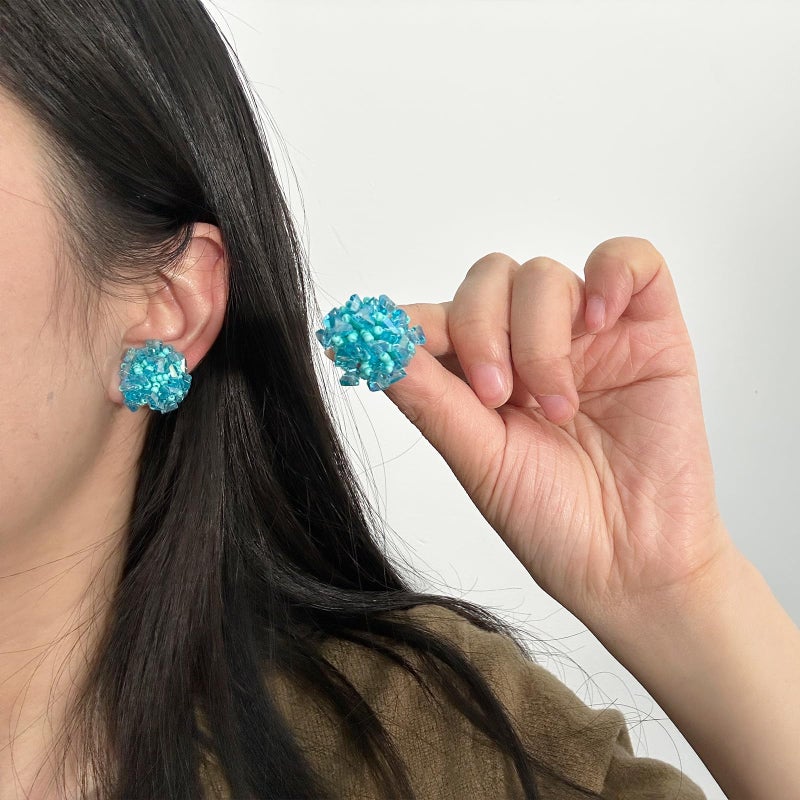 HTH Flower Beaded Stud Earrings Colorful Bright Flower Cluster Hydrangea Beads Earrings Summer Vacation Earrings(Blue) - Image 5