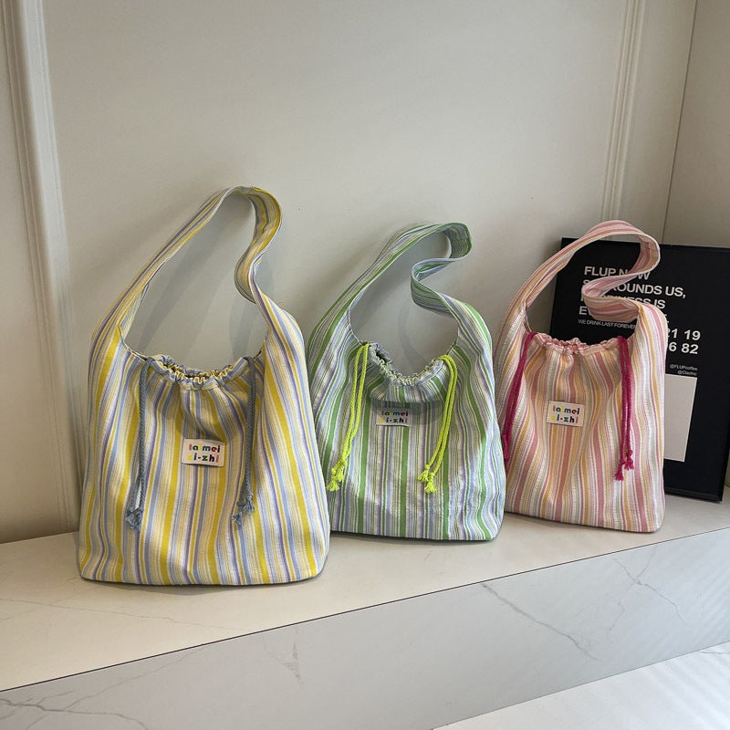 Fresh Style Striped Canvas Shoulder Bag 2025 Korean Style New Arrival Large Capacity Student Schoolbag Commuter Tote Bag - Image 4