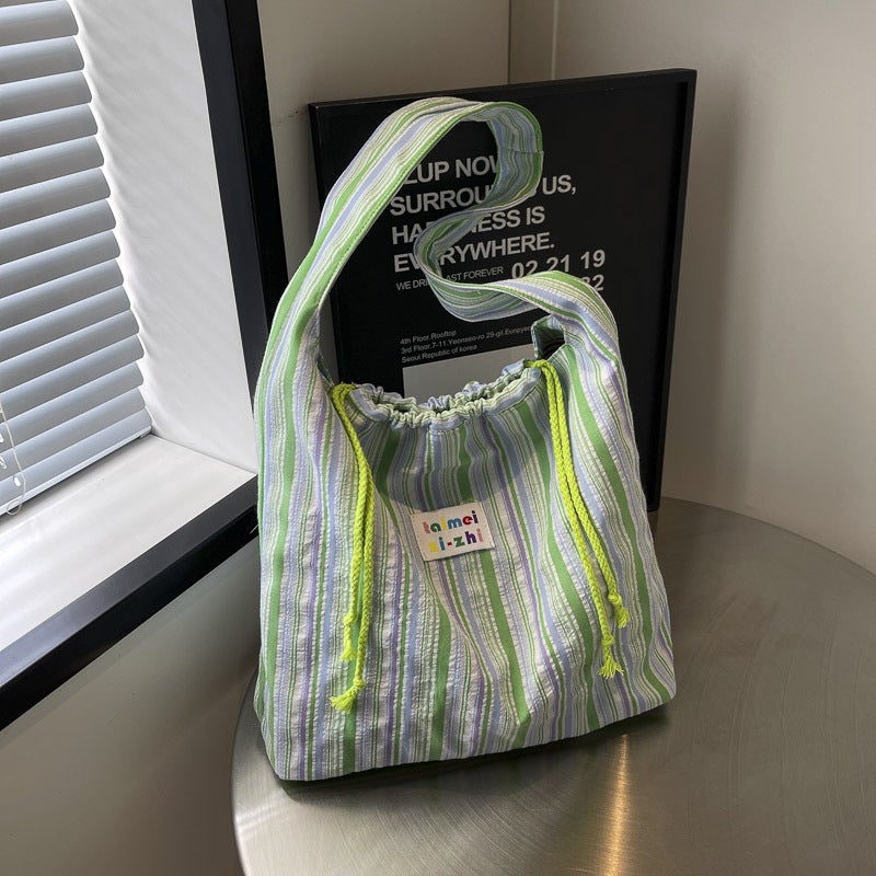 Fresh Style Striped Canvas Shoulder Bag 2025 Korean Style New Arrival Large Capacity Student Schoolbag Commuter Tote Bag - Image 1
