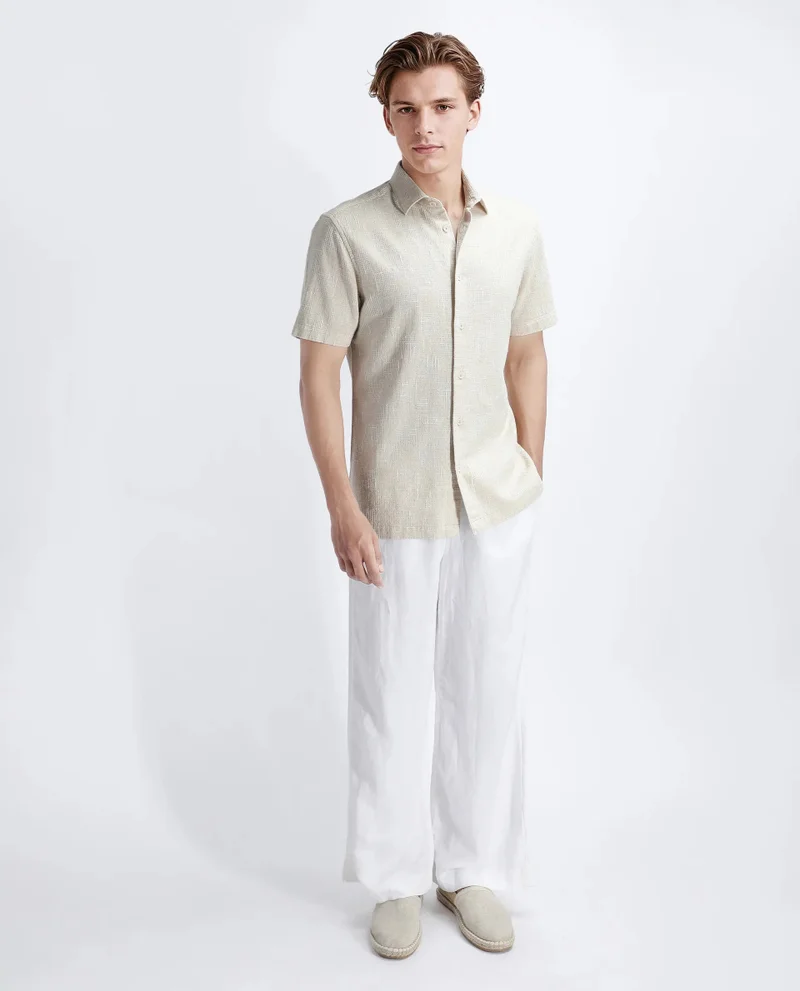 Rare Rabbit Rare Rabbit Men's Tana Beige Cotton Fabric Short Sleeve Collared Neck Button Closure Texture Shirt