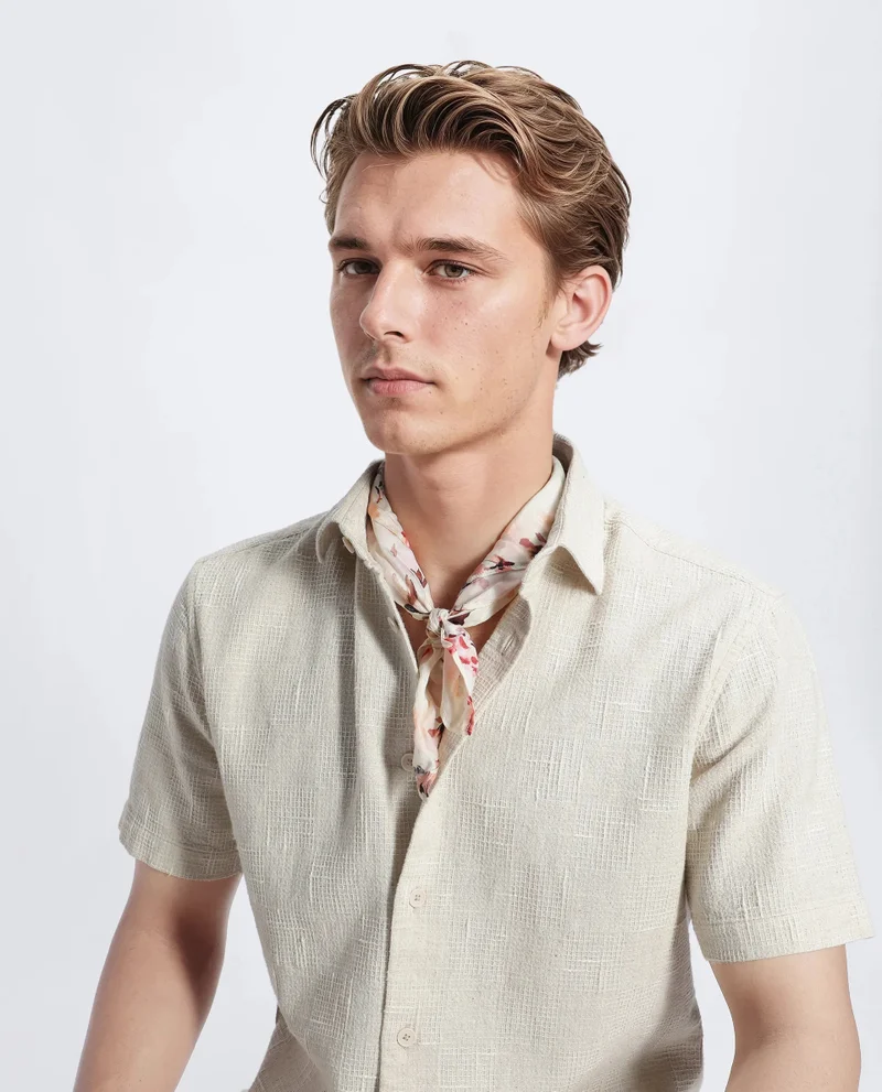 Rare Rabbit Rare Rabbit Men's Tana Beige Cotton Fabric Short Sleeve Collared Neck Button Closure Texture Shirt