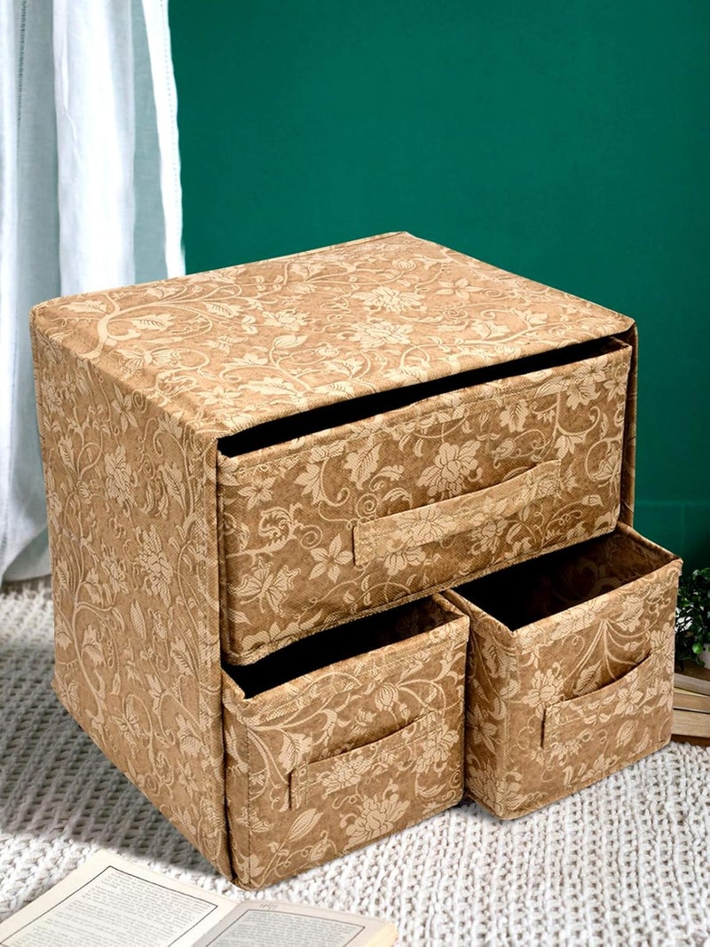 Kuber Industries Kuber Industries Metallic Print 2 Layer 3 Drawer Fabric Cube Foldable Storage Organizer Box, Dressing, Jewellery Organizer (Beige, 31 X 22 X 30 Cm)