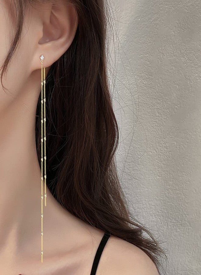 SLUYNZ Solid 925 Sterling Silver 6.3inch Long Chain Earrings Dangle for Women Teen Girls Line Dangle Earrings Chain Backs (B-Gold Plated) - Image 2