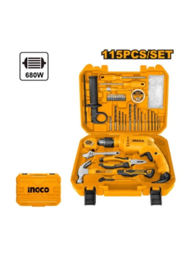 InGCO HKTHP11151 115 Piece Drill Set, Heavy Duty Hammer Drill Machine, 1 Piece 680W (ID6808), 220-240V ~ 50/60Hz, 13mm Key Chuck, Yellow, 0.5 inch