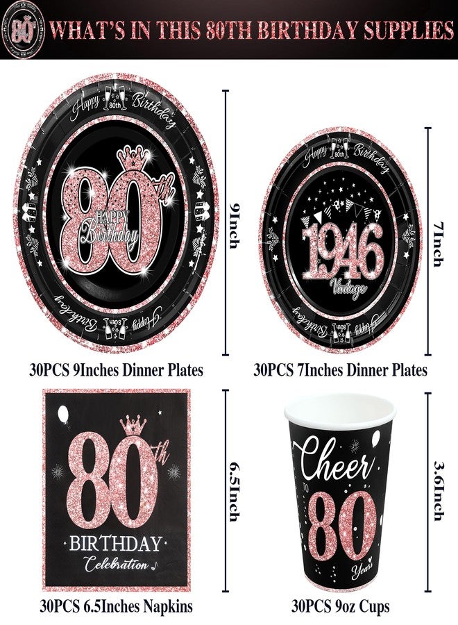 algpty 80th Birthday Decorations Rose Gold, Service for 30, Vintage 80th Birthday Party Supplies Includes Rose Gold 1946 Plates, Napkins,Cups, Plates and Napkins for Women - Image 2