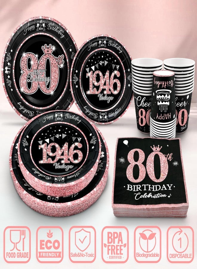 algpty 80th Birthday Decorations Rose Gold, Service for 30, Vintage 80th Birthday Party Supplies Includes Rose Gold 1946 Plates, Napkins,Cups, Plates and Napkins for Women - Image 3